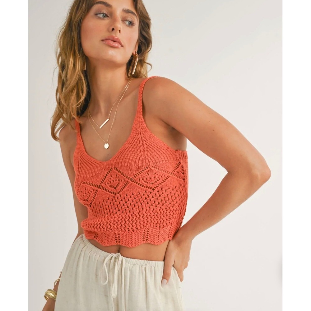 Sage the‎ Label Burnt Orange Pointelle Crochet Knit Crop Tank Top LG2437DL XS